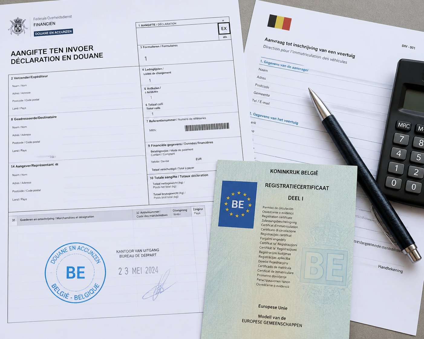 Official import documentation and customs paperwork for Belgian car registration