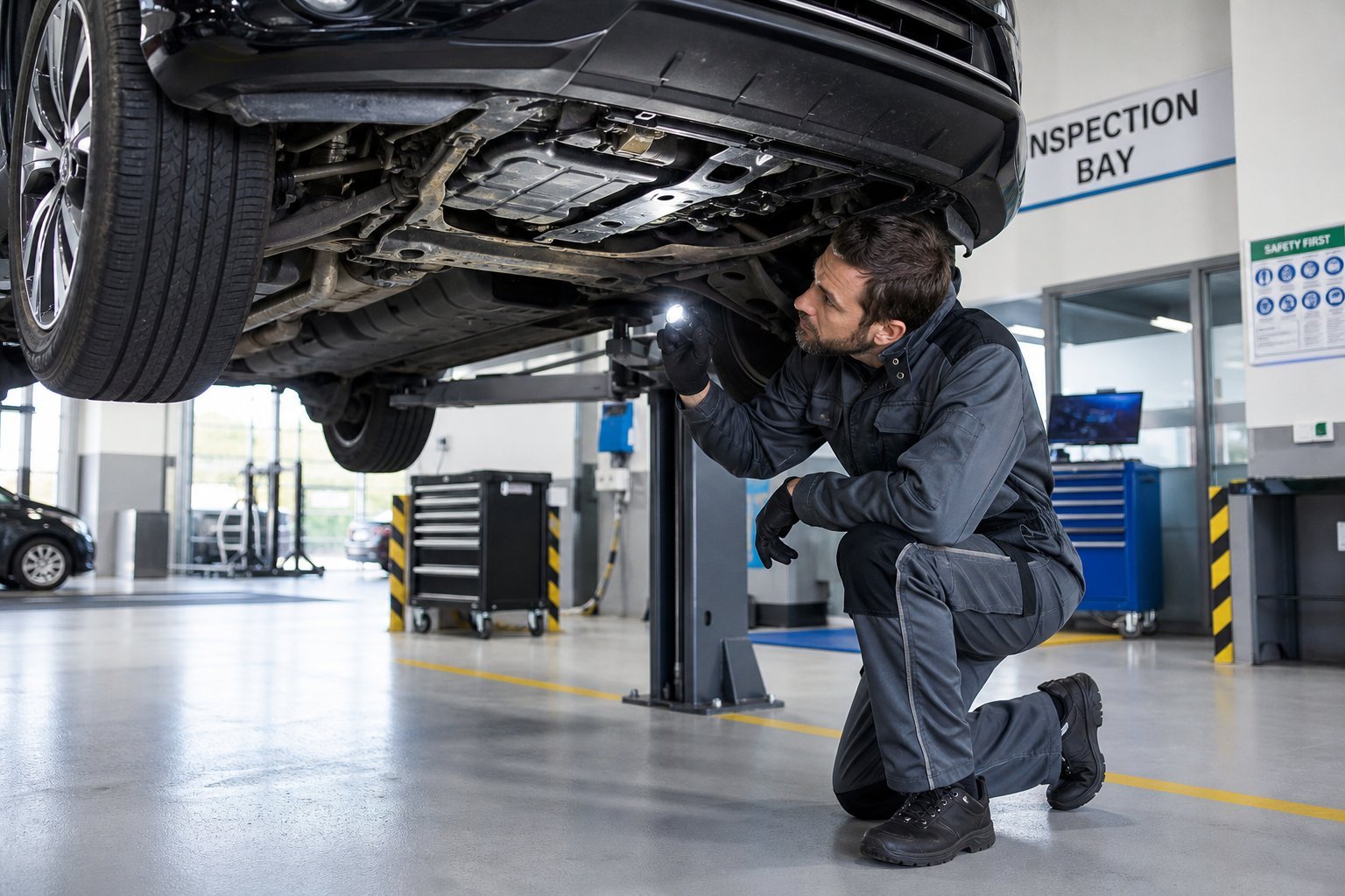 Mechanic inspecting a vehicle in an inspection bay