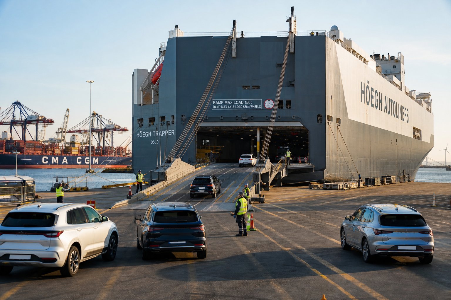 Cargo ship or port with vehicles