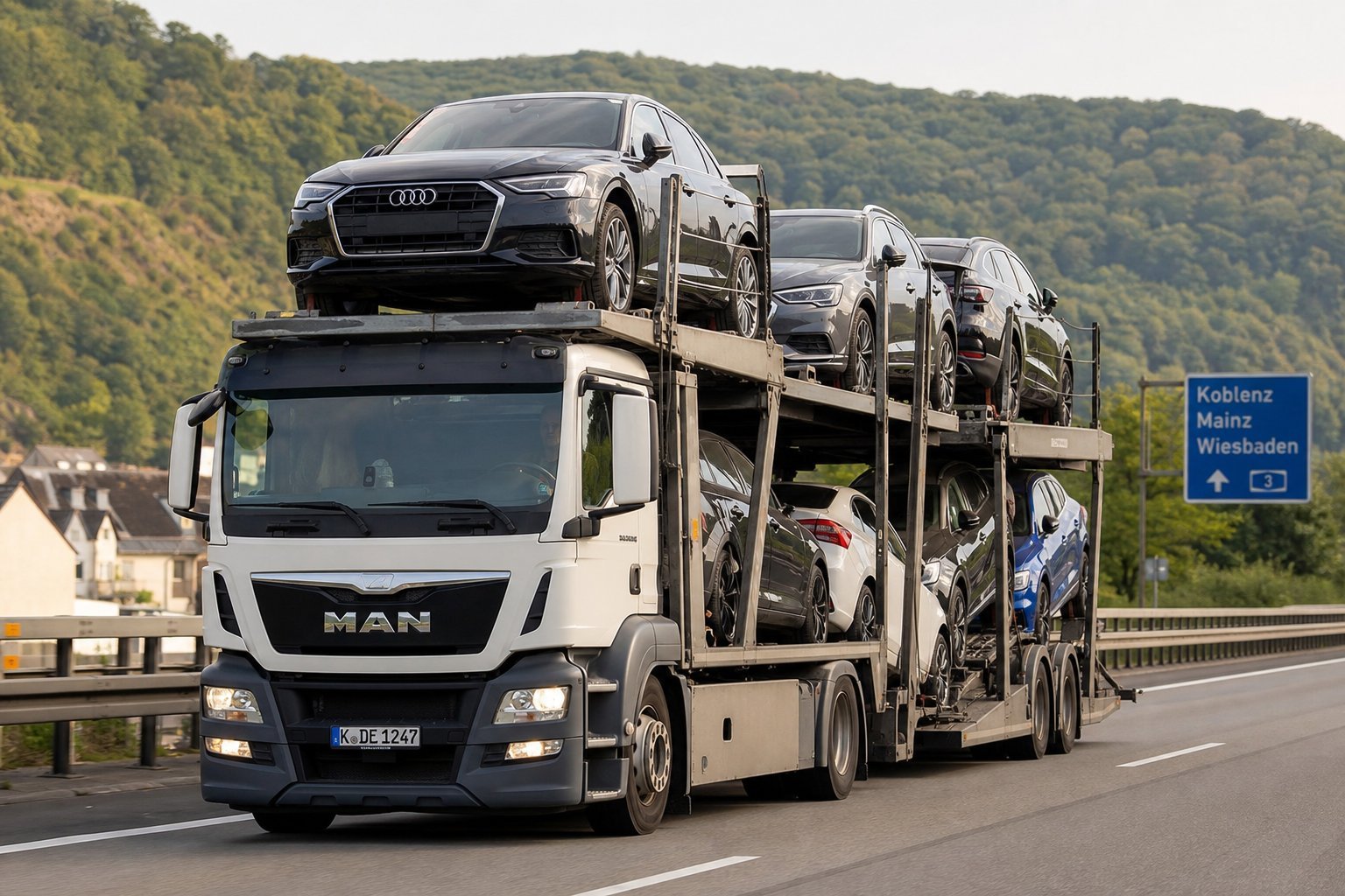 Car transport truck carrying vehicles across Europe